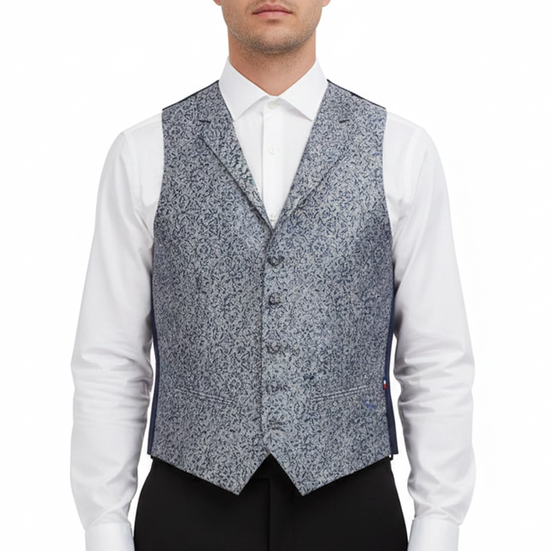 Gilet Col Revers Jacquard Gris et Bleu